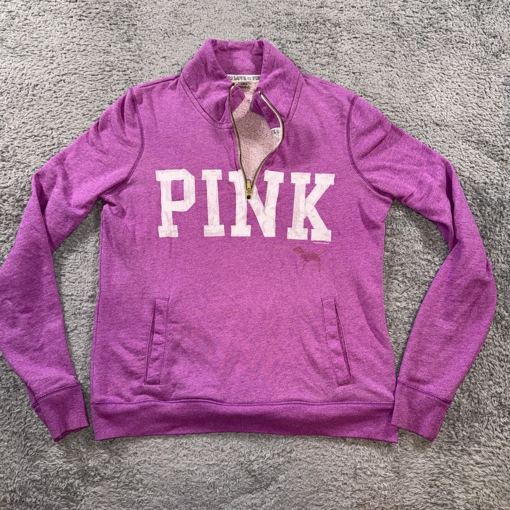 Victoria's Secret PINK Pullover Sweatshirt Small Purple Quarter Zip Logo Womens